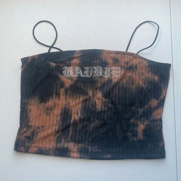 3/$12 Rue21 crop top tie dye print ribbed cropped bling BADDIE on front L jrs - Picture 6 of 13